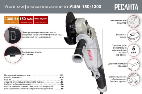 Купить УШМ РЕСАНТА УШМ-150/1300 150мм 1300Вт фото №2